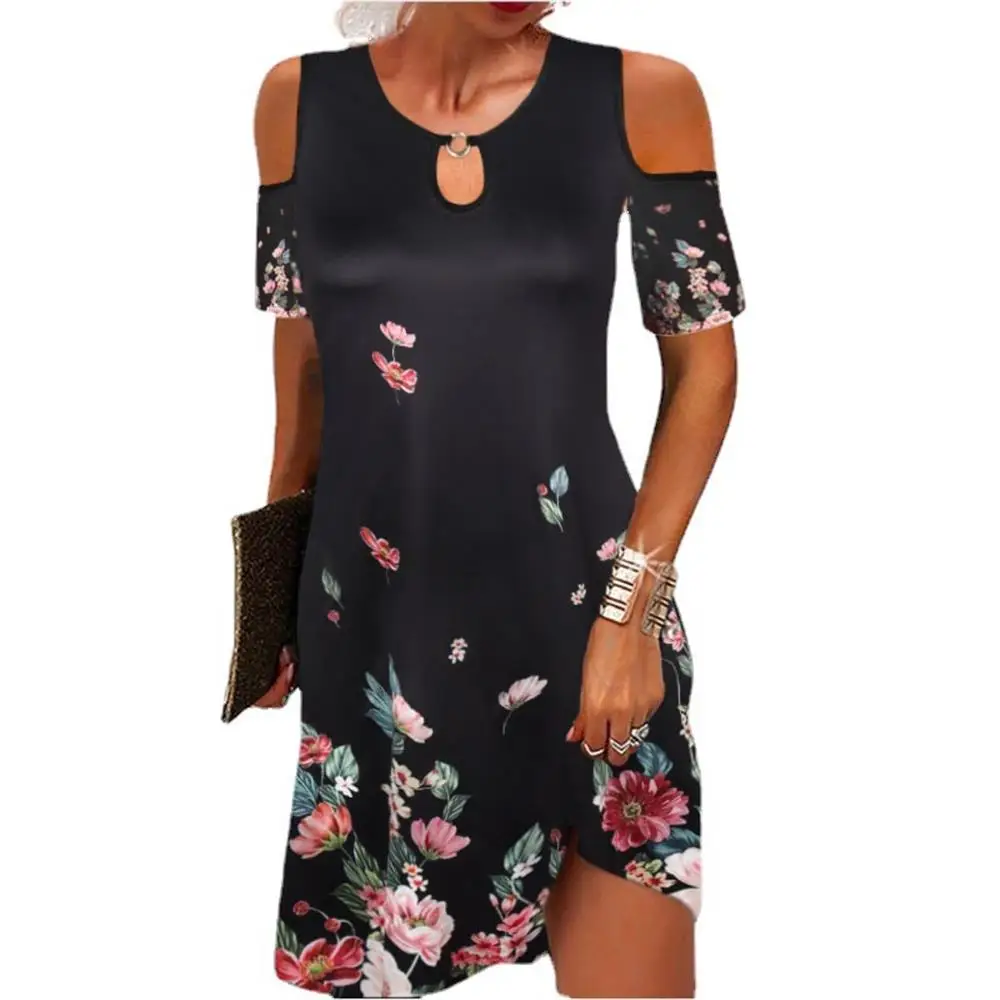 

Cofekate Womens Dress Floral Printed Elegant Womens Clothes Summer Beach Holiday Casual Cold Shoulder Dress