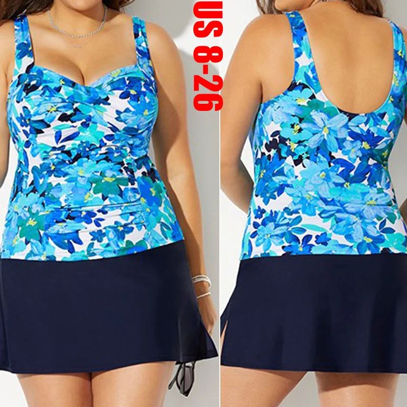 

Two Piece Tankini Swimsuits For Women Plus Size Summer Flower Printed Tank Top With Dress+Shorts Tummy Control Bathing Suits