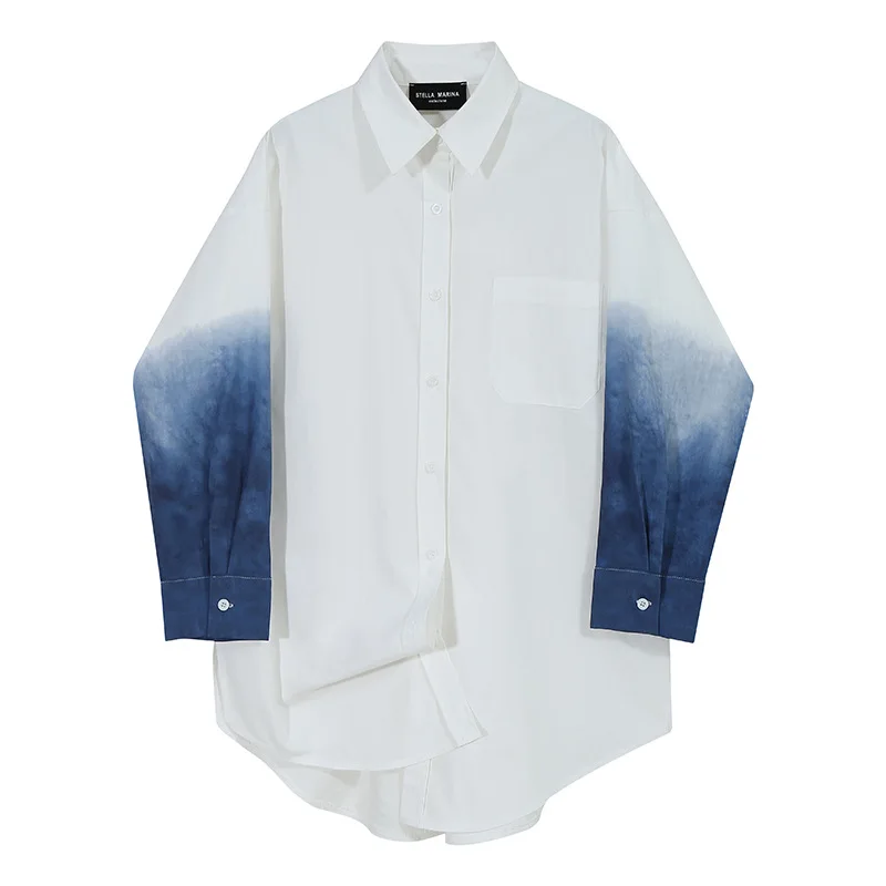 

SuperAen 2022 Spring Autumn Fashion Turn Down Collar Full Shirts Simple Design Casual Gradient Womens Tops