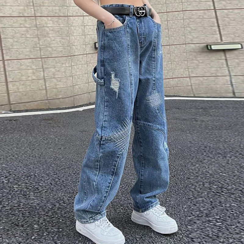 Hip Hop Pockets Hole Retro Straight Blue Mens Denim Trousers Harajuku Loose Vibe Style Oversized Couple Jeans Pants