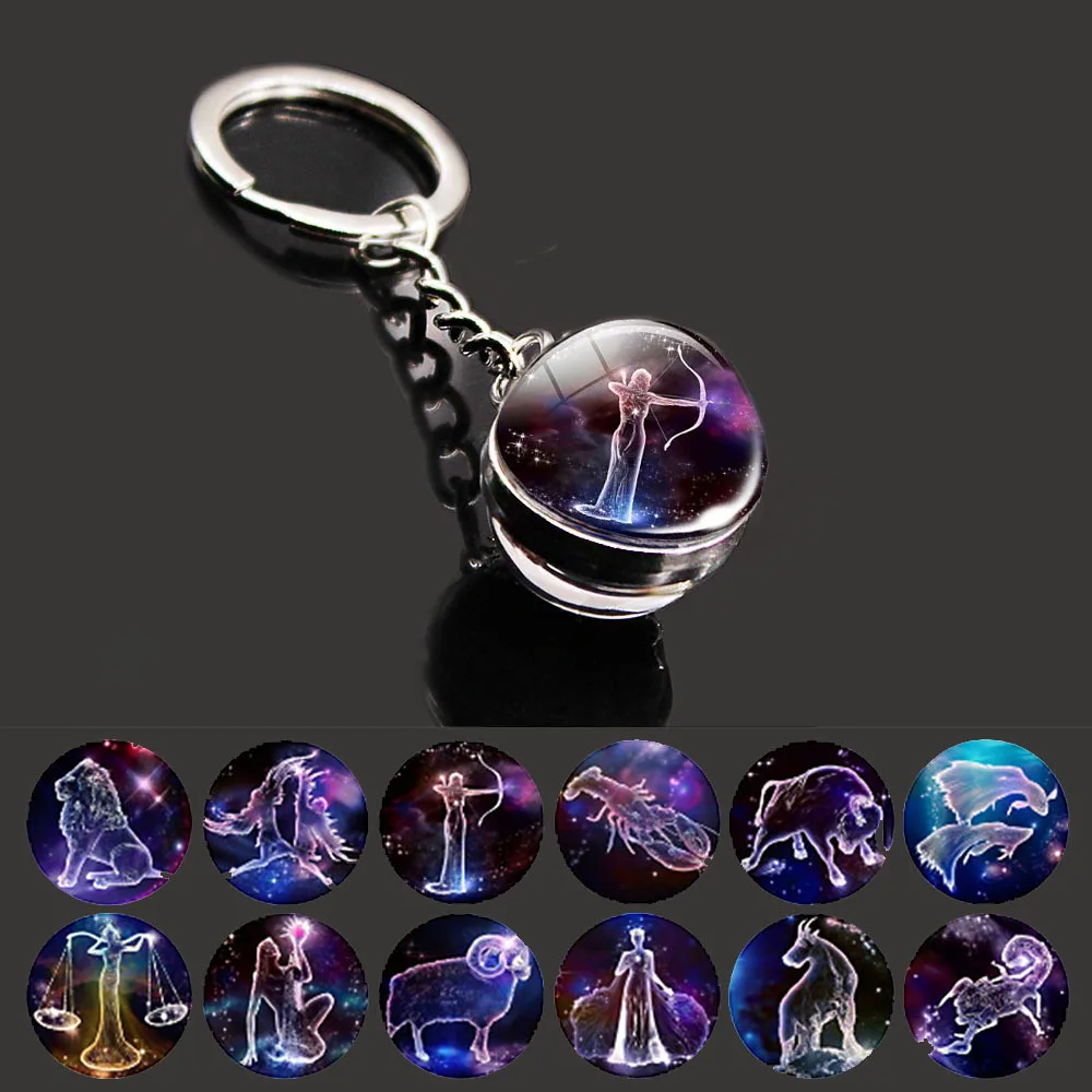 

12 Constellation Luminous Keychain Glass Ball Pendant Zodiac Keychain Glow In The Dark Key Chain Holder Men Women Birthday Gift