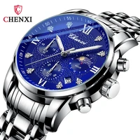 men fashion casual wristwatch chronograph 24 hours stop watch rhinestone roman numerals dial silver stainless steel watch reloj