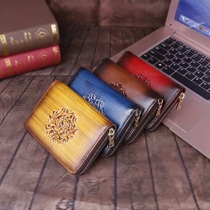 

Women Men Card Holder Wallet Genuine Leather High Quality 18 Slots Card Bag Purse Zipper Vintage Engraving Design Gift