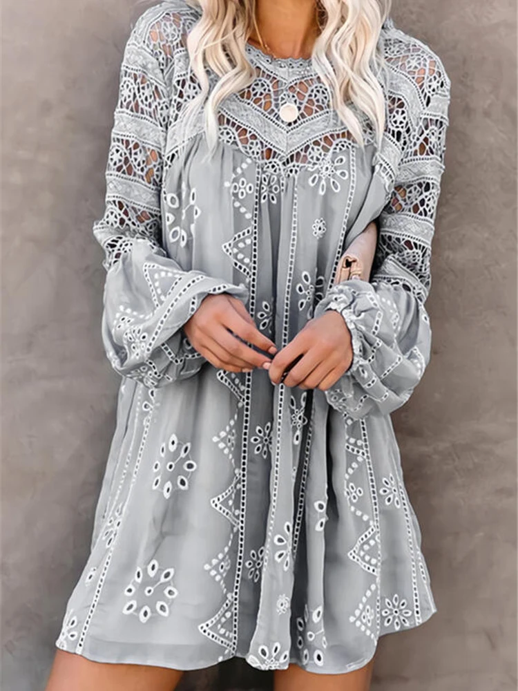 

Casual Lace Pattern Long Sleeve Holiday Mini Dress New Sexy Simple O-Neck Clothes Solid Color Hollow Crochet Party Dress Vestido