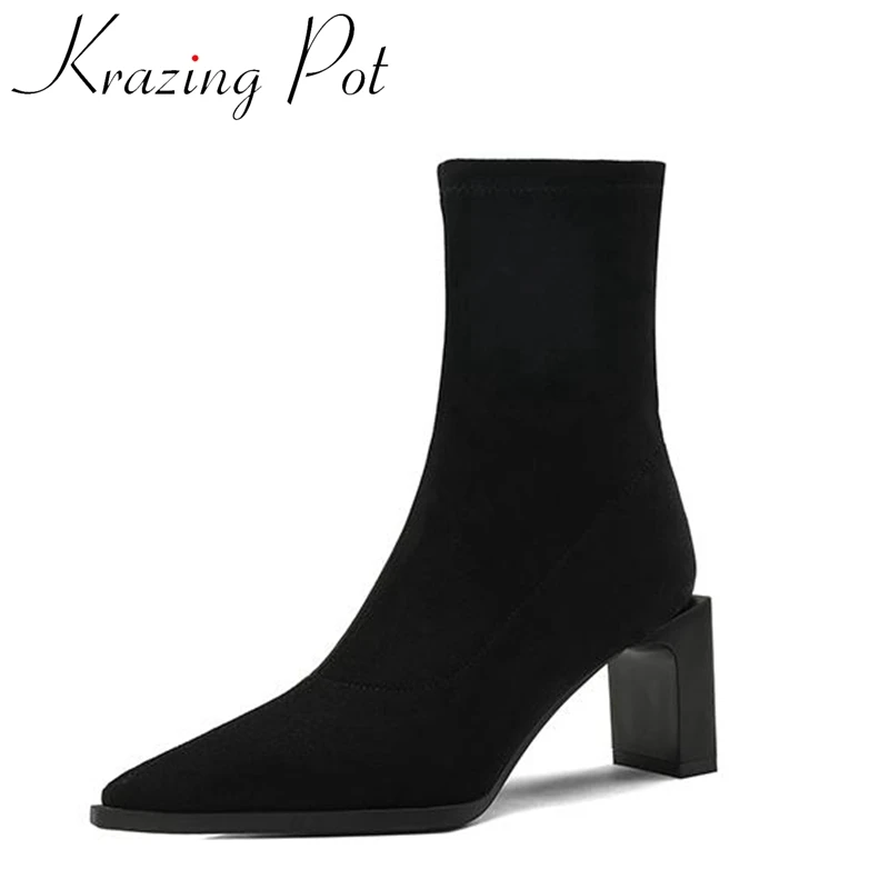 

Ботинки Krazing Pot из коровьей кожи с острым носком на высоком толстом каблуке, современные ботинки в простом стиле, зимняя обувь на молнии, женские ботильоны в стиле Ins