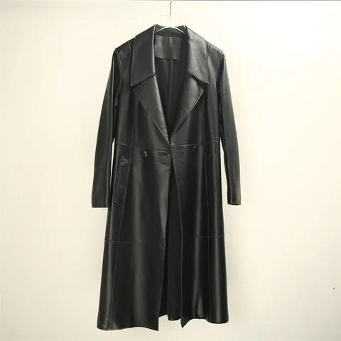 Женское длинное деловое пальто, облегающее ТРАПЕЦИЕВИДНОЕ пальто из натуральной кожи с воротником-костюмом, черный Тренч, 2023