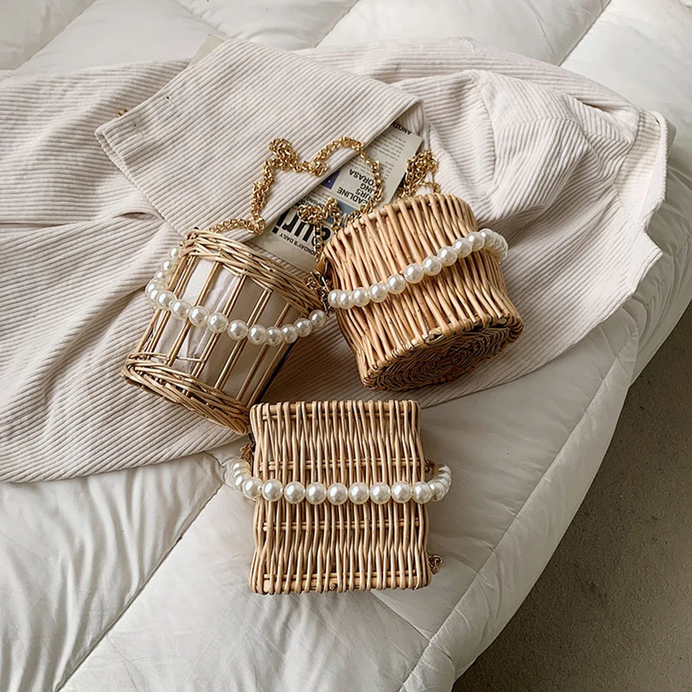 

Соломенная Сумка-тоут с жемчугом, плетеный кошелек ручной работы из ротанга, плетеная Пляжная Корзина для пикника, праздничная уличная одеж...