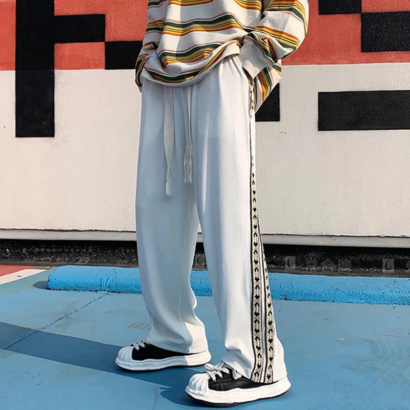 

Japanese Fashion Men Wide Leg Pants White Loose Drawstring Trousers Streetwear Men Punk Pants Side Stripe Vintage Style Design