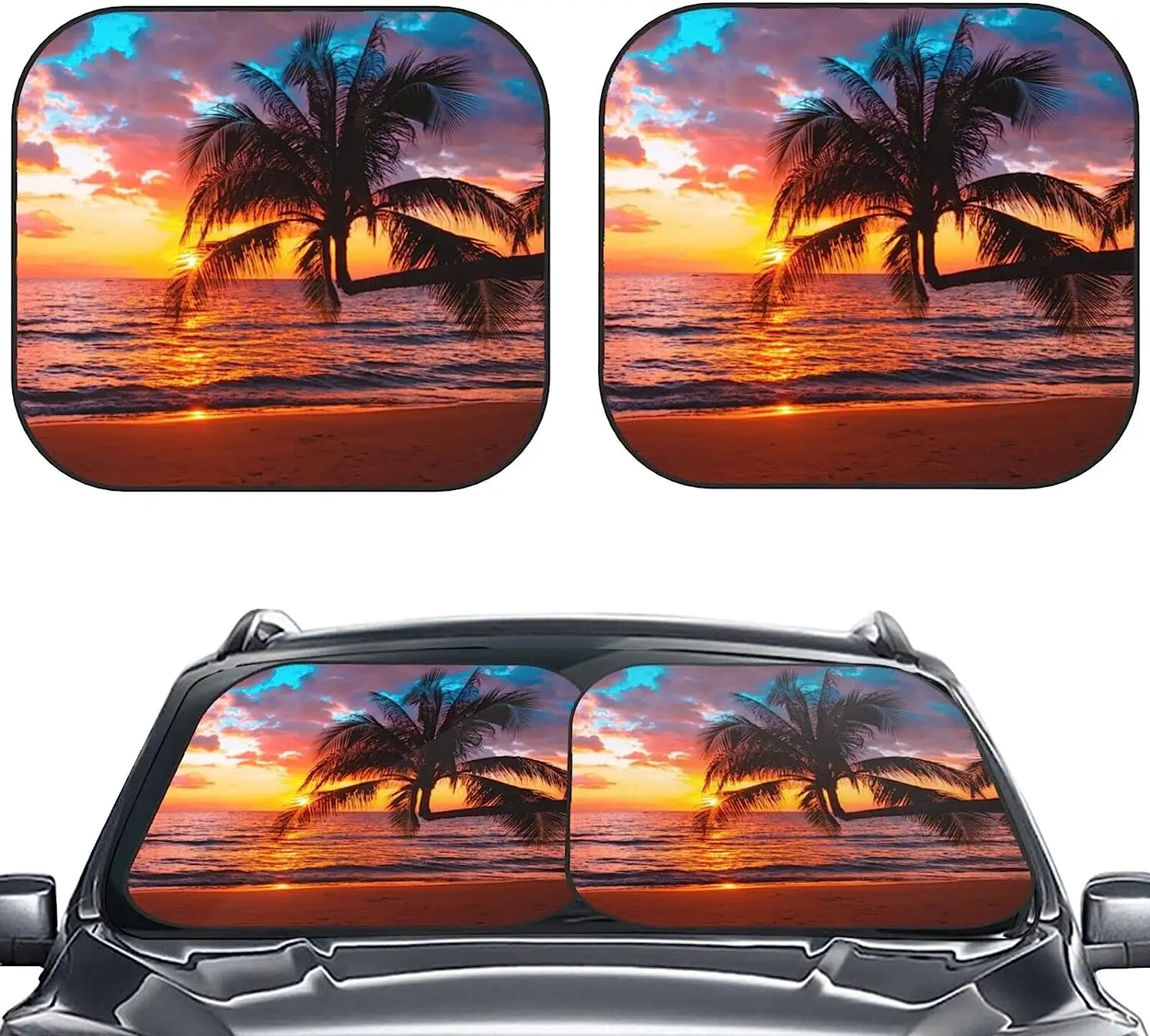 

Sunset Beach Coconut Tree Car Windshield Sun Shade Auto Foldable 2pcs Window Sunshades for Most Windshield Sun Visor Protect