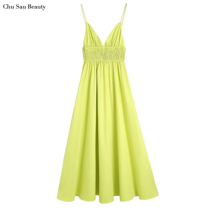 

Женское платье-миди без рукавов Za, простое пляжное платье на бретельках с V-образным вырезом, лето 2022