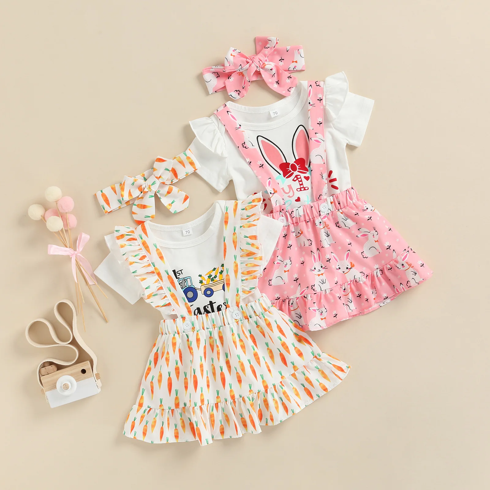 

Комплект из 3 предметов для маленьких девочек, комбинезон с коротким рукавом и мультяшным пасхальным принтом, юбка на подтяжках, повязка на ...