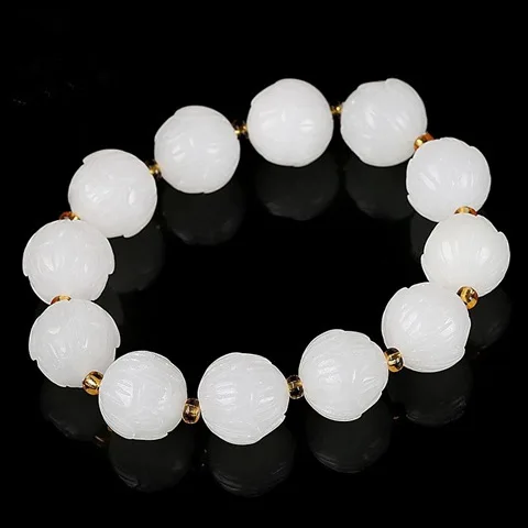 

Natural White Jade Lotus Bracelet Men Women Fine Jewelry Accessories Genuine Hetian Jades Nephrite Lotus Beads Bangle Bracelets