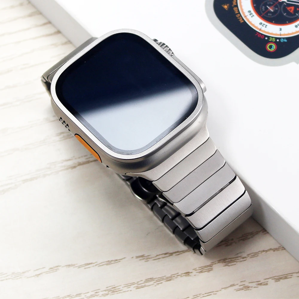 Stainless Steel Watch Band for Apple Watch Ultra 49mm Screen Protect Glass + Titanium Color Butterfly Link Bracelet 49mm Strap