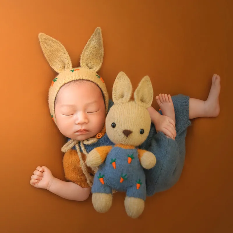 

❤️Одежда для фотосъемки новорожденных, шапка с кроликом + топ + подтяжки + кукла 4 шт./комплект, Детские аксессуары для фотосъемки, одежда для студийной детской фотосъемки