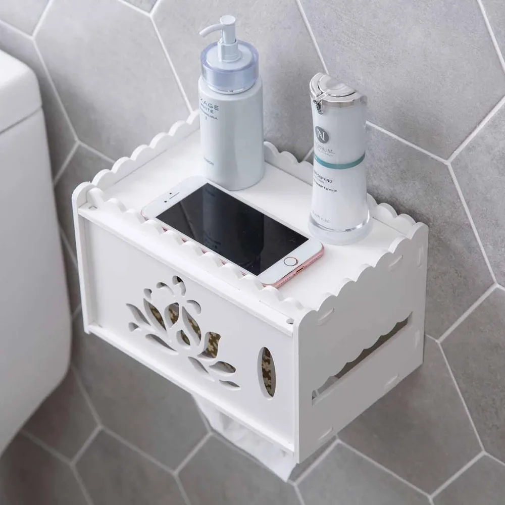 

Hollow Wood Plastic Waterproof Tissue Box Bathroom WC Punch Free Paper Towel Holder Box Wall Toilet Paper Hanging Tray Shelf