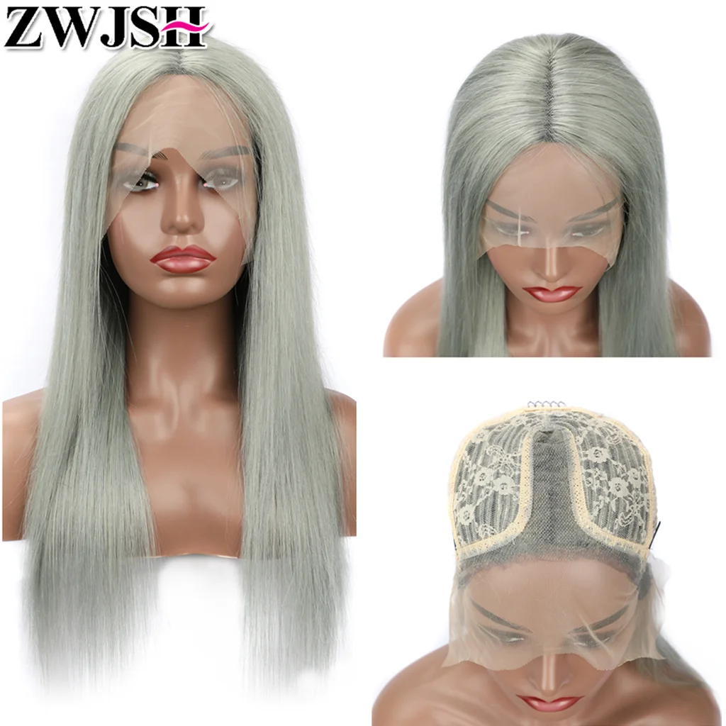 

13x1 HD Transparent Swiss T Part Lace Wig for Women Grey Gray Color Long Straight Remy Brazilian Human Hair Cosplay ZWJSH