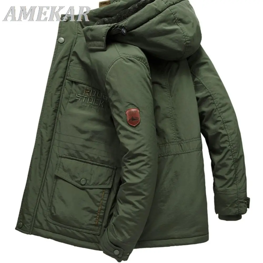 Winter Parka Men Jacket Mens Plus Velvet Men Hooded Windbreaker Coats Men's Casual Warm Jackets Coat Detachable Hat Down Jacket