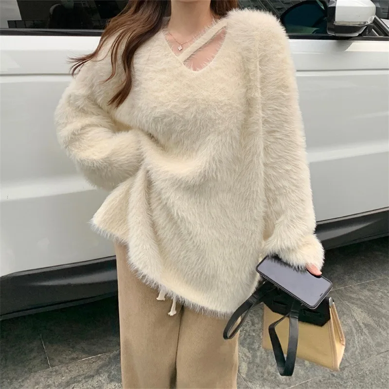 

French Soft Glutinous Mink-like Knitwear Sweater Women's Season Gentle and Comfortable V-neck Outerwear Loose Top Women's