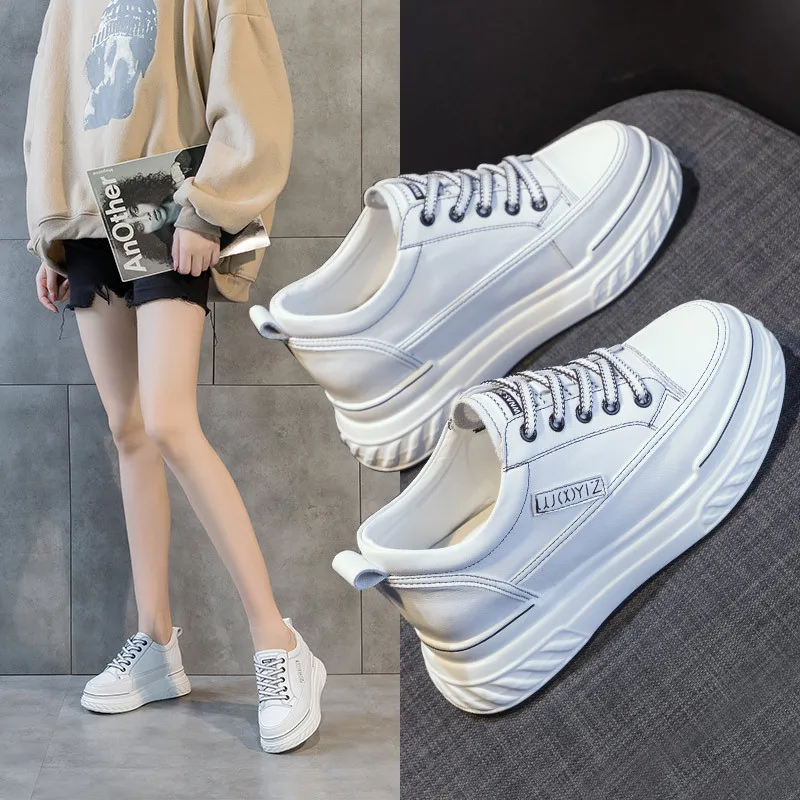 

Miaoguan Women's Inner Heightening White Black Vulcanize Sport Shoes Spring 2022 Female Leather Sneakers Platforms Luxury Shoe
