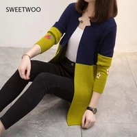 spring autumn new knit sweater cardigan women jacket korean long sleeve wild color matching mid length loose female tops