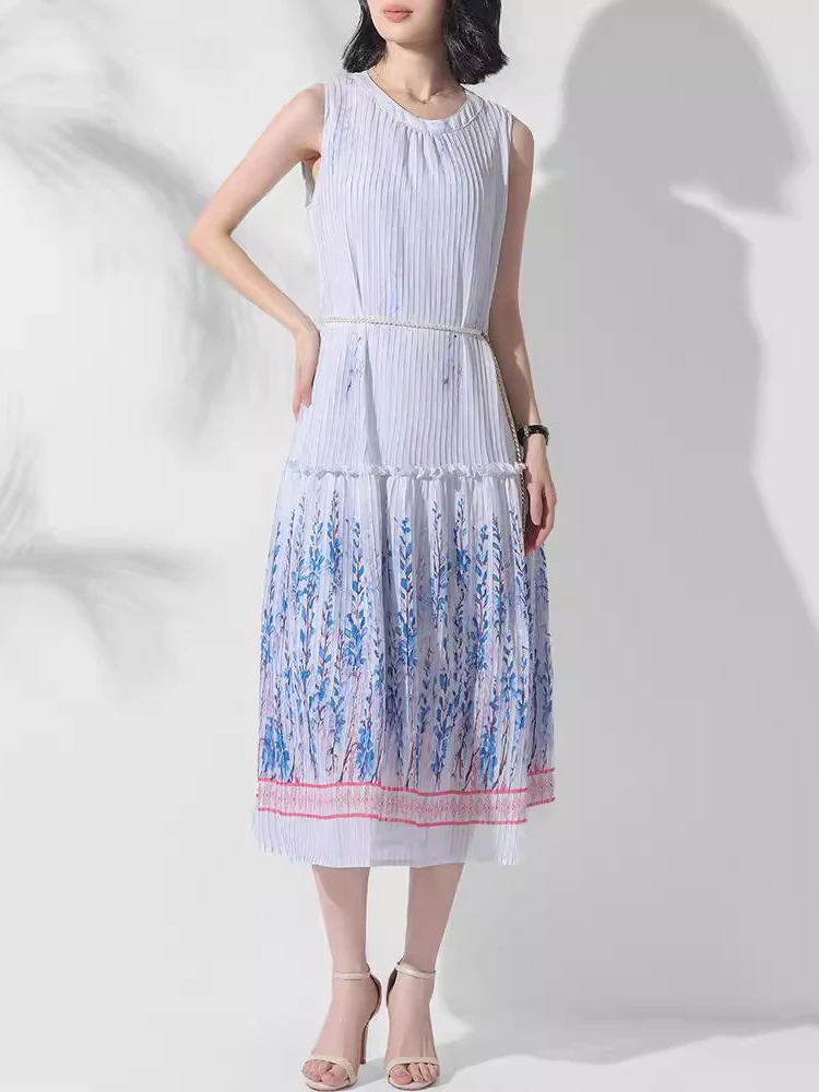 GVUW плиссированное платье с принтом женское круглым воротником без рукавов на