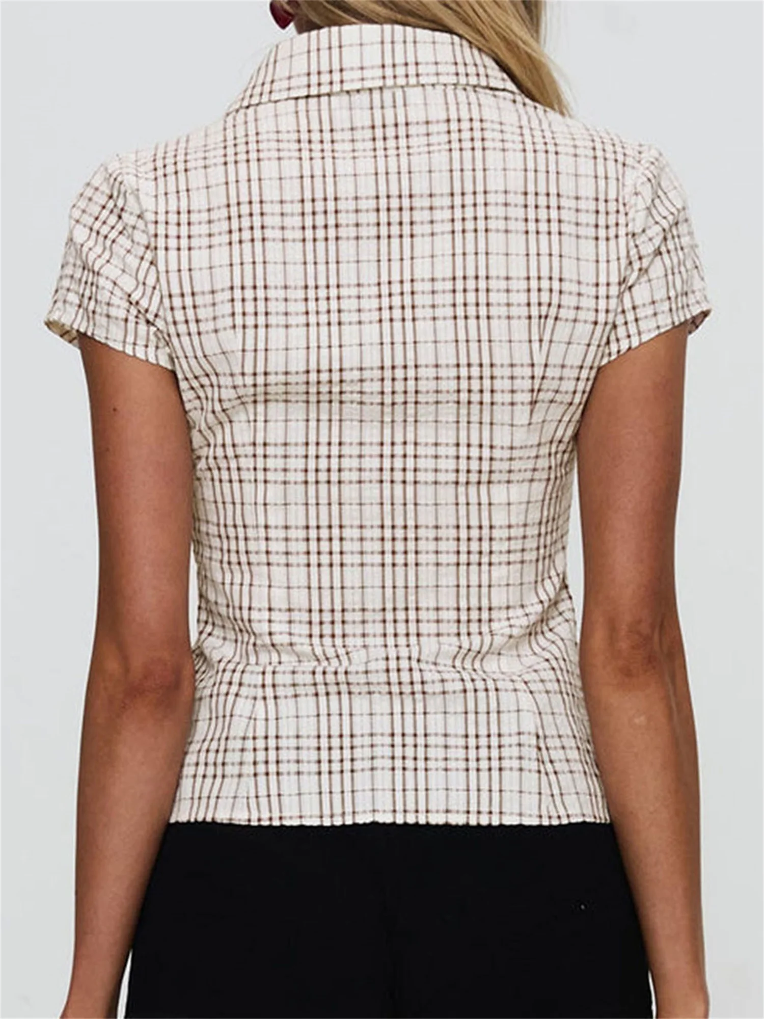 Женские клетчатые рубашки в стиле ретро с коротким рукавом и отложным воротником