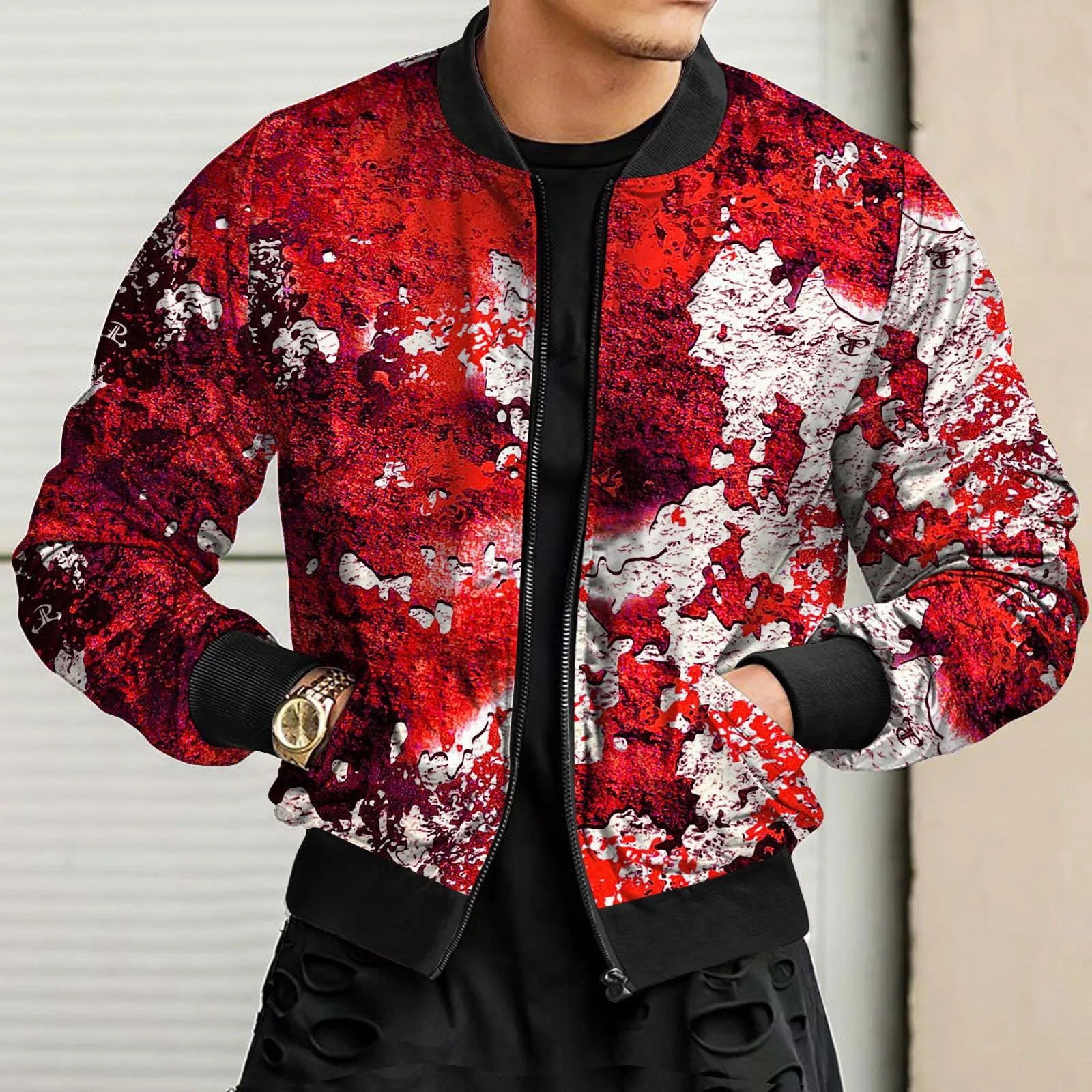 

Mens Autumn And Winter Casual Sports Woven Street Ink Splash Camouflage Stand Collar Zip Jacket Mens Knitted Coat