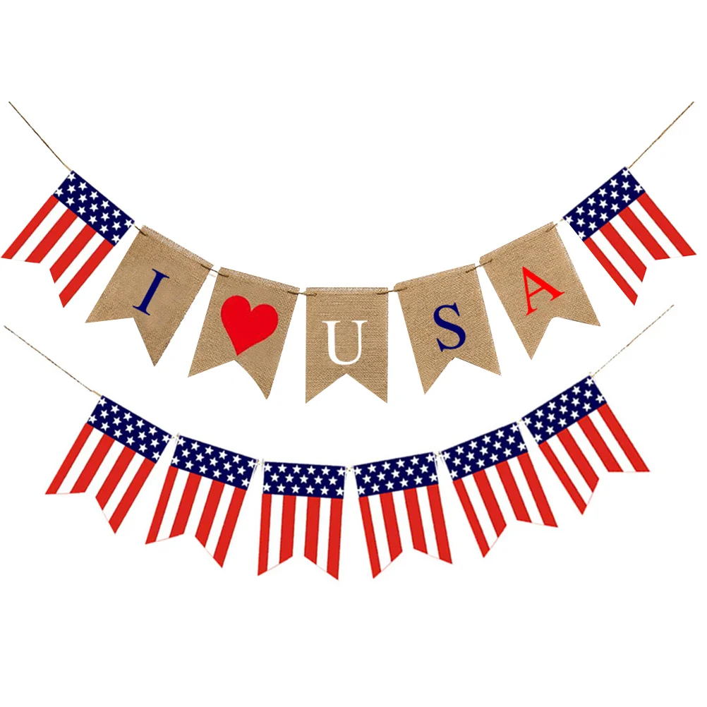 

2pcs USA 4th of July Burlap Bunting National Day Banners Flag Decoration