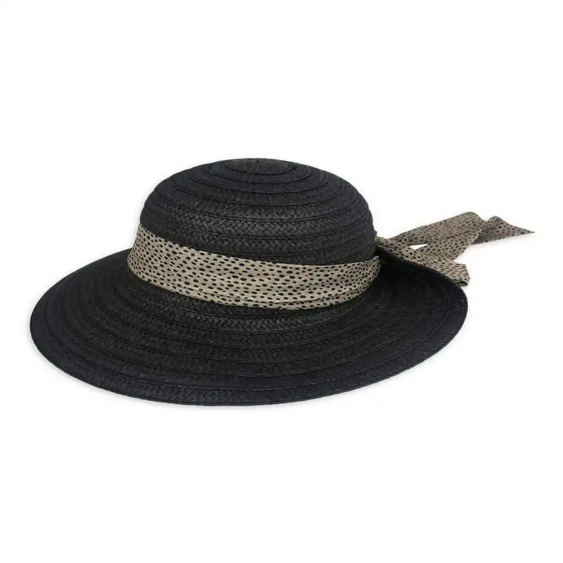 

Asymmetrical Straw Sun Hat with Printed Ribbon Scarf