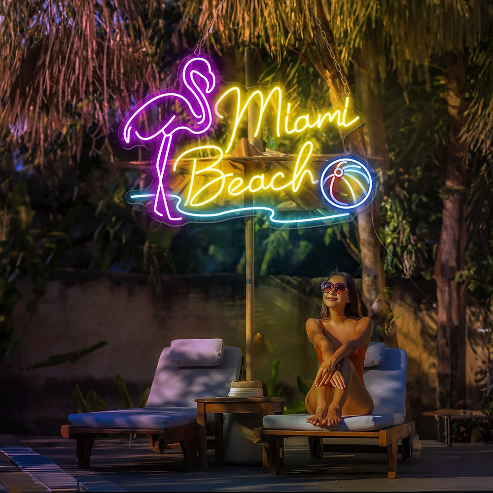 Пляж Майами и фламинго неоновая вывеска Летняя Вечеринка искусственные знаки