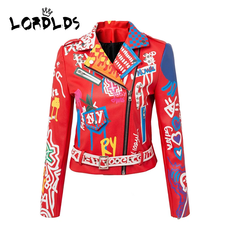 

Женская Байкерская кожаная куртка LORDLDS, красная байкерская куртка с разноцветным принтом граффити, уличная одежда в стиле панк