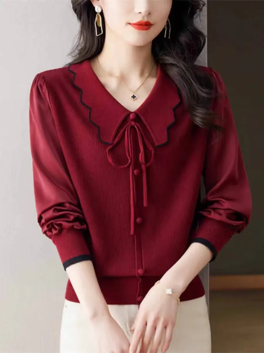 Женская шифоновая рубашка с длинным рукавом осенне-зимний Однотонный пуловер