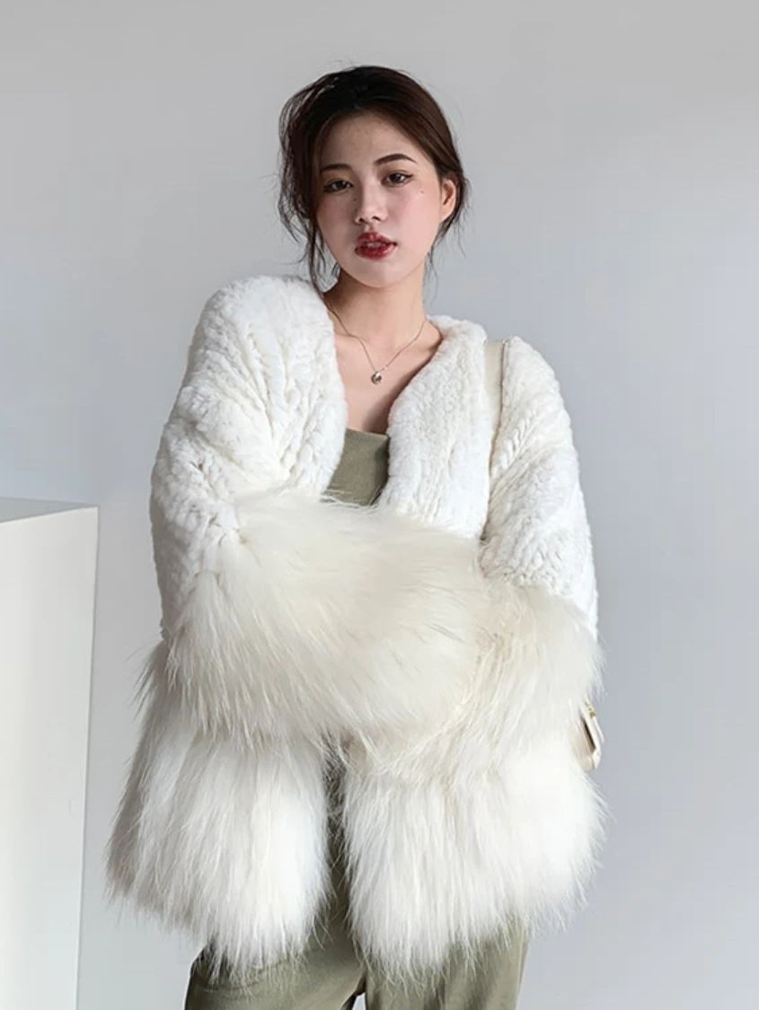 Faux Rabbit Fur Stitching Woven Furry Coat Women 2022 Winter Clothes Korean Style Long Sleeve Loose Thick Warm Faxu Fur Overcoat
