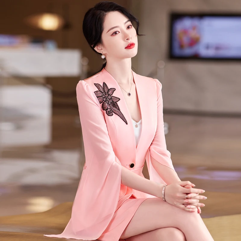 Korean Spring  Large Size Office Women Business White-Collar Formal Professional Dress Work Clothes Light Blue Suit Skirt