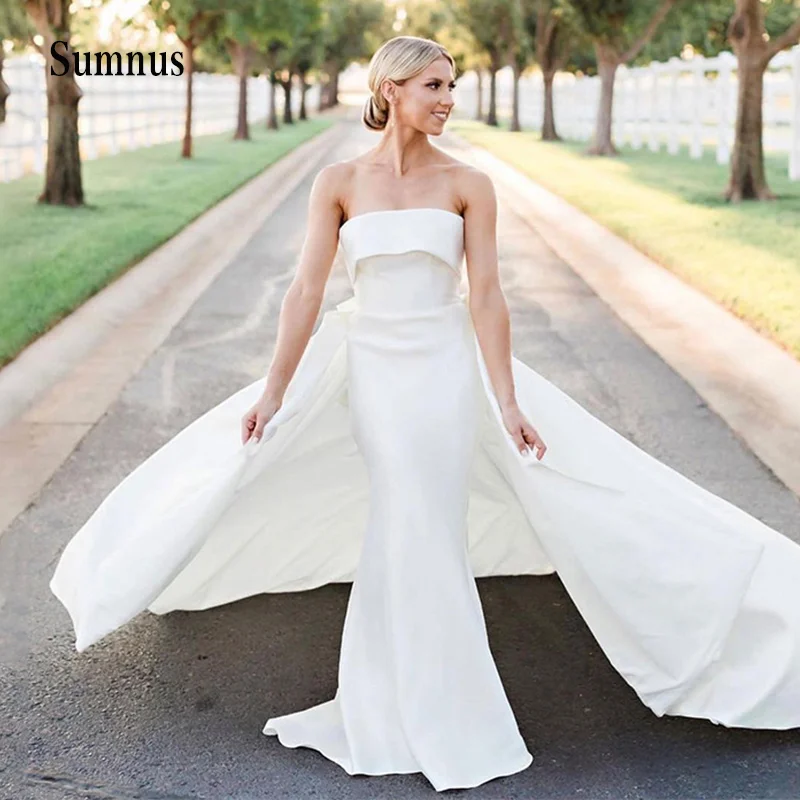

Classic White Ivory Wedding Dress Strapless With Detachable Satin Back Bow Backless Sleeveless Bride Gowns Rode de Mariee