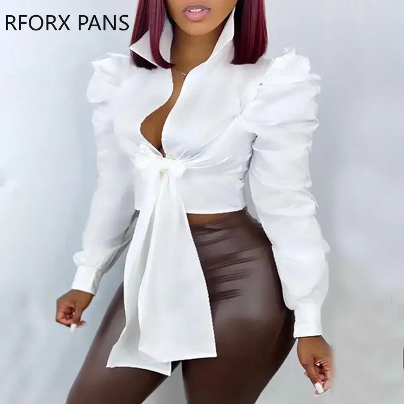 

2023 Women Outfit Tied Detail Long Sleeve Puff Sleeve Blouse Women Top