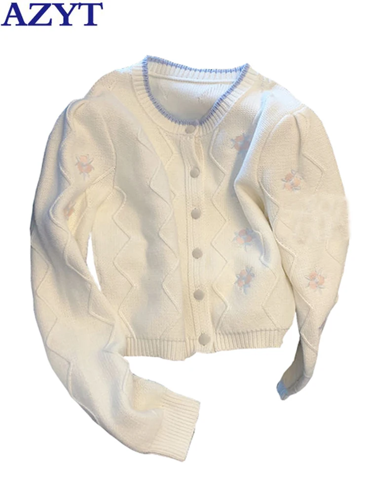 

AZYT Fashion Floral Embroidery Women's Sweater Cardigan Soft Knitted Cardigan Female Jacket 2022 Autumn O Neck Sweater Coat