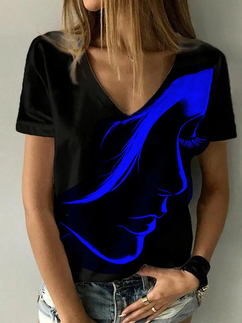 

Summer fashion 2022, abstract portrait print T-shirt, women's basic V-neck T-shirt, black T-shirt/3D print plus size