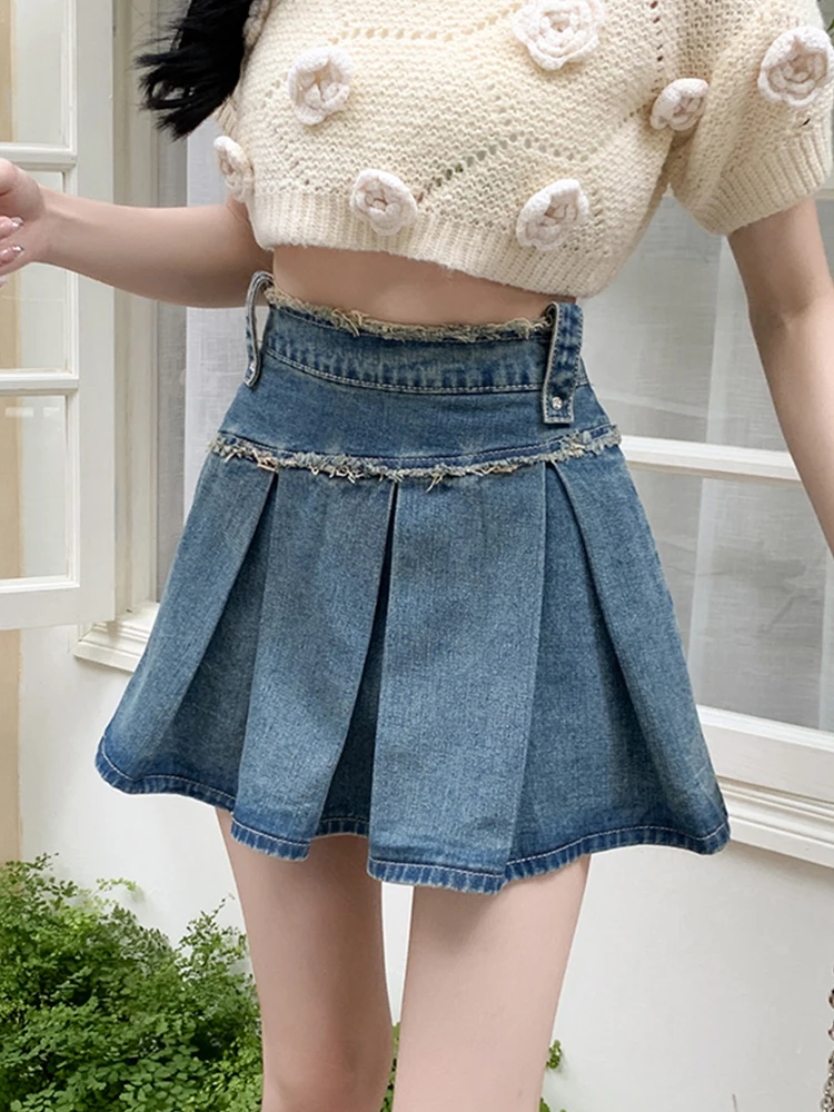 

Ailegogo Vintage Women Raw Hem High Waist Loose Mini Pleated Blue Denim Skirt Summer Female Retro A-line Jeans Skirts Bottoms