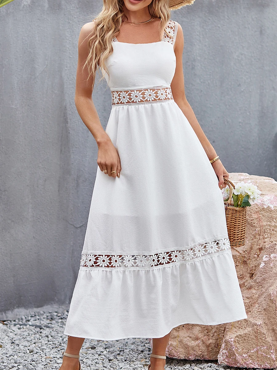 

Women s Elegant Lace Patchwork A-Line Maxi Dress with Square Neckline and Cutout Detail - Perfect for Cocktail Parties Beach