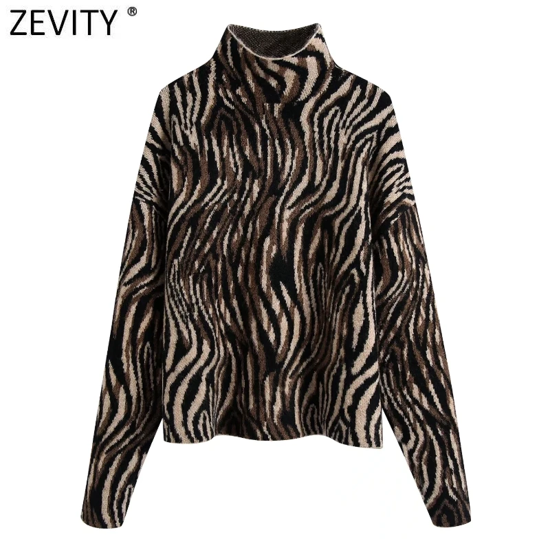 

Zevity Women Vintage Animal Pattern Print Jacquard Knitting Sweater Female Chic Pullovers High Street Ladies Casual Tops SW1036