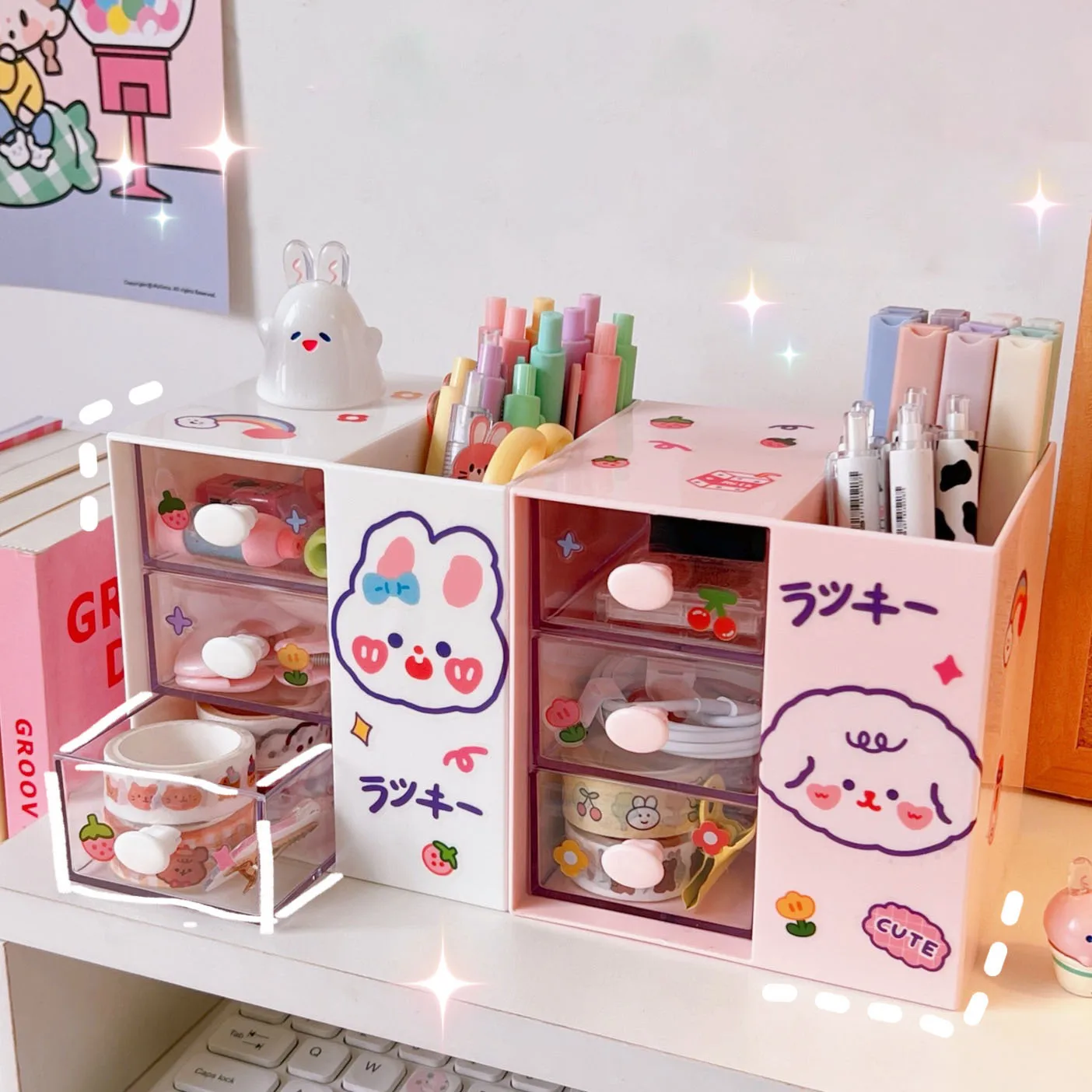 

Kawaii 7 держатель для ручек, подставка, Канцелярский органайзер, мультяшный Настольный органайзер для косметики, креативный Ins, милая фотограф...