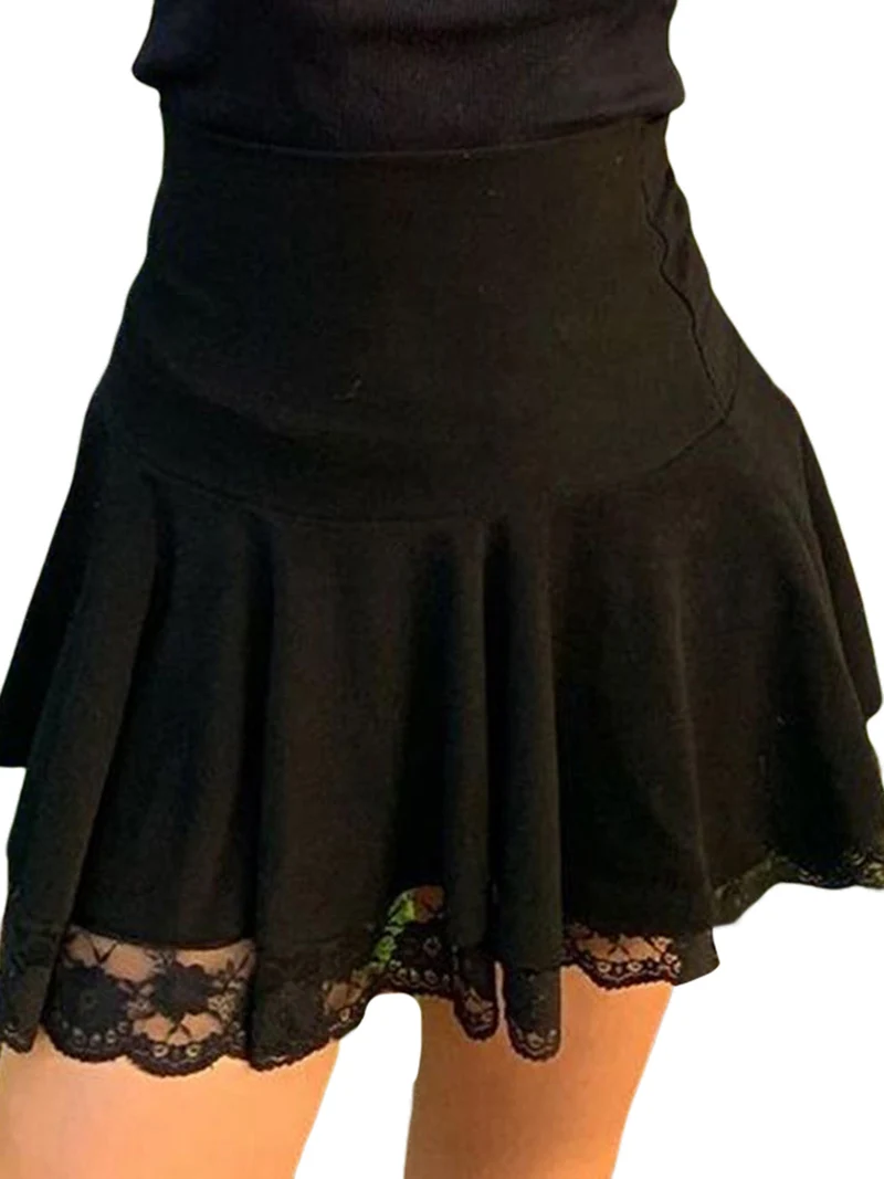 

2022 Women A-Line Skirt High Waist Pleated Punk Style Vintage Party Sexy Ladies Mini Clubwear Gothic Black Lace Edge