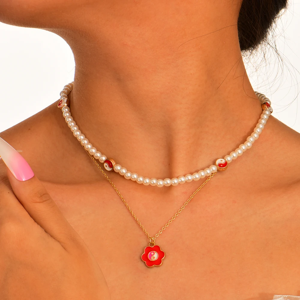 

Women Fashion Natural Pearls Choker Necklace Trend Elegant Double Layer Chain Bead Pendant Necklaces