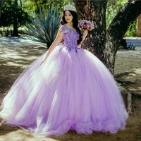 stylish light purple quinceanera dresses short sleeve v neck for 15 girls ball gown appliques pearls beads prom vestido