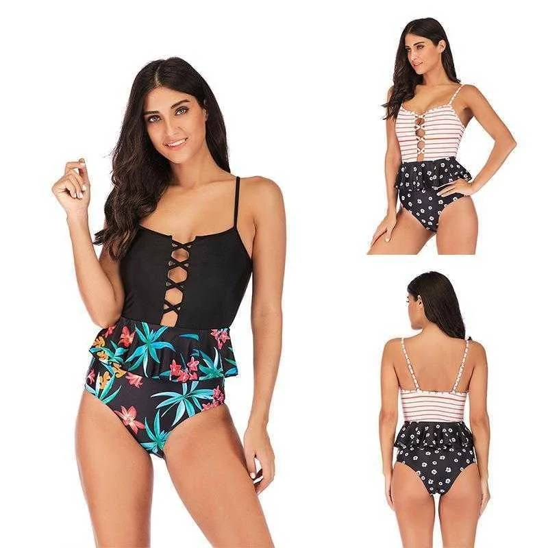 

Plus Sized Size Swimsuit Dress Ruffled Fresh Natural Slimming