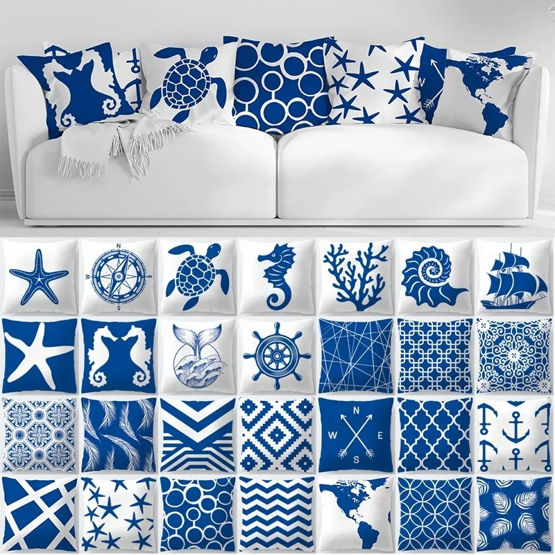 

Decorative Throw Pillows Blue Geometry Pillow Cushion 45x45 Velvet Cushion Marine Life Pillowcase Home Decor Cushions