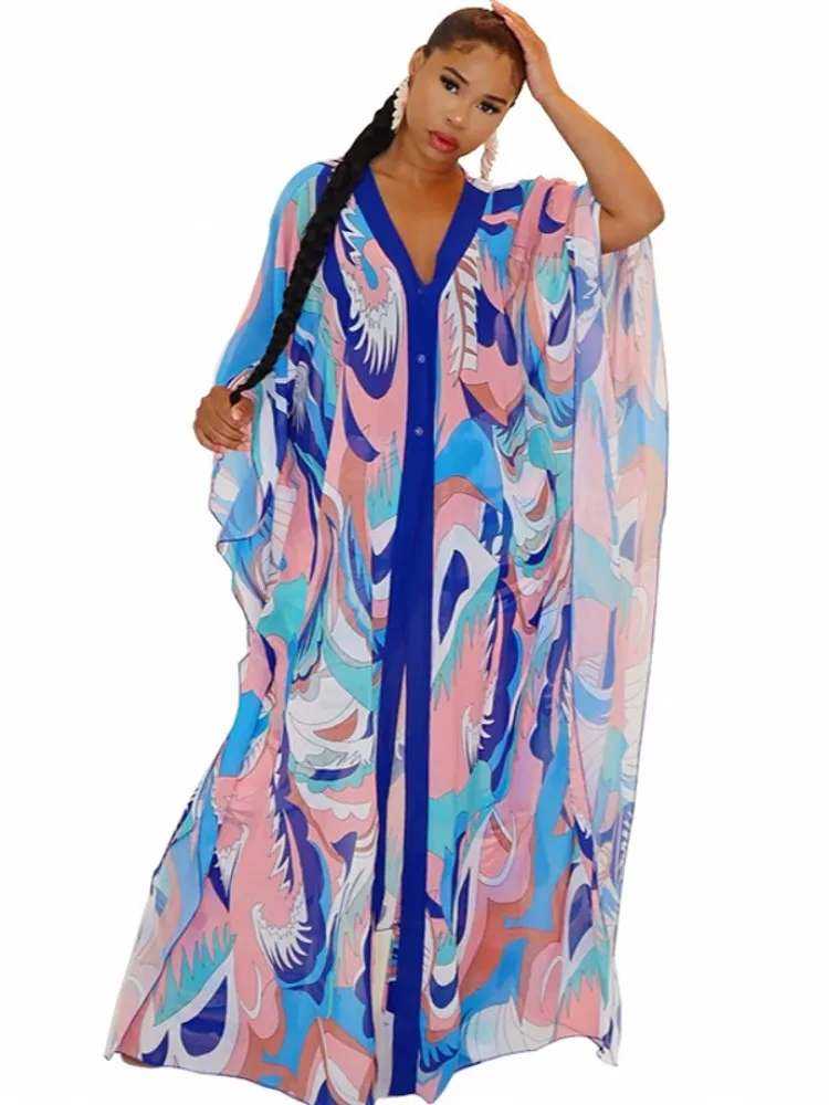 

Африканское платье Boubou, женская одежда с V-образным вырезом и рукавом летучая мышь, Дашики, африканская одежда 2022, модное свободное платье с ...