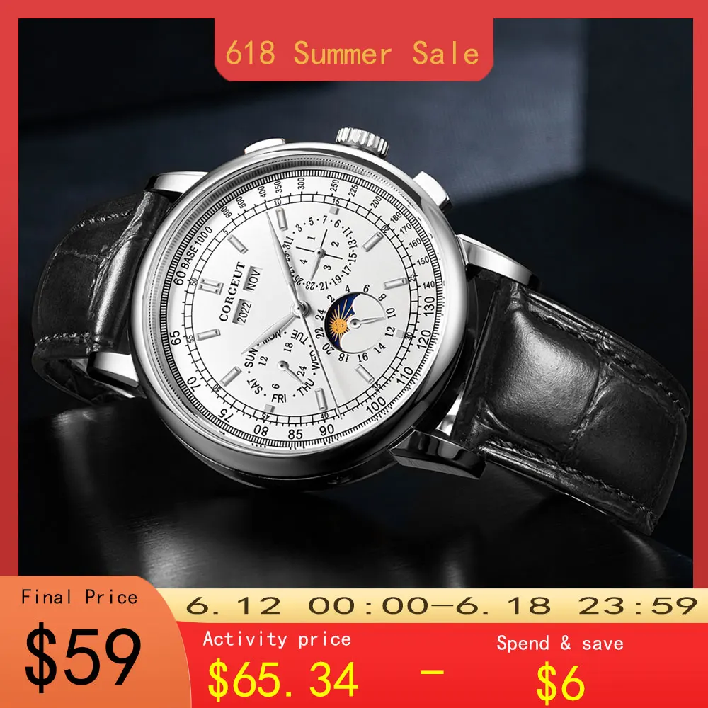 Corgeut Moon Phase Wristwatches 42mm Top Brand Mechanical White Dial Silver Year Day Month Week 316L SS Case Automatic Watch Men