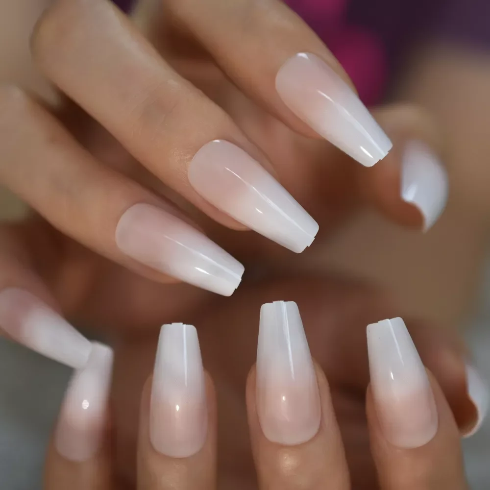 

NEW Ombre Pink Nude White French Ballerina Coffin False Nail Gradient Natural Press on Ballet Fake Nails Tips Reusable Wear